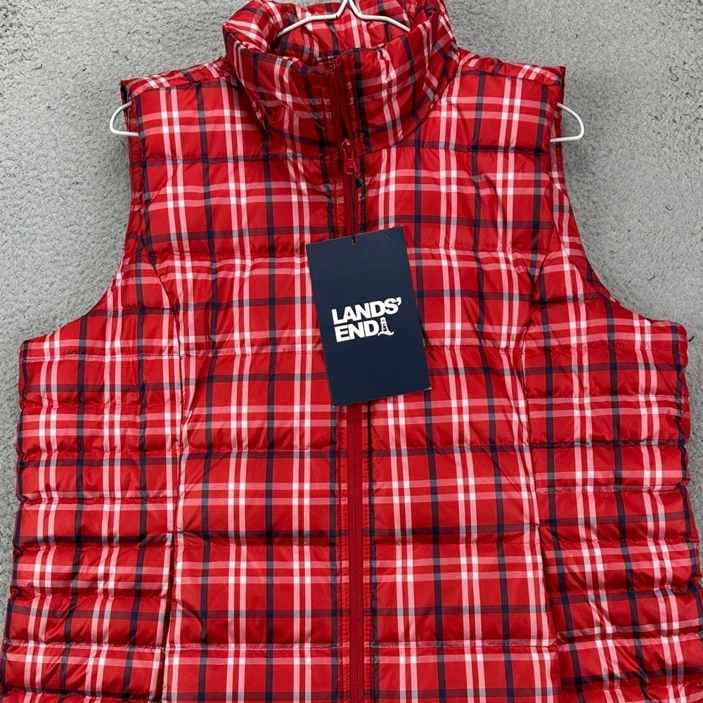 Lands' End Red Plaid Quilted Puffer Vest